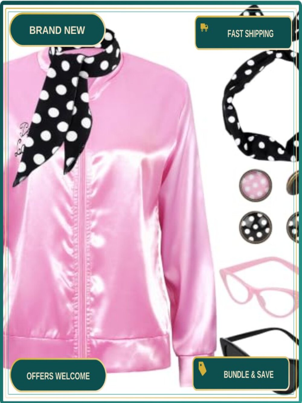 1950s Satin Costume Set: Jacket, Scarf, Glasses, Headband & Earrings